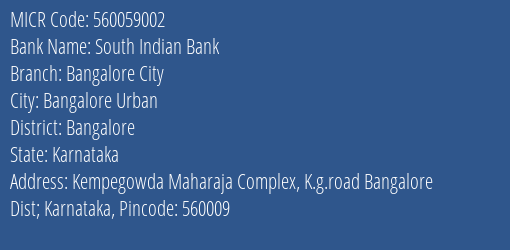 South Indian Bank Bangalore City MICR Code
