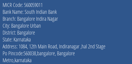 South Indian Bank Bangalore Indira Nagar MICR Code