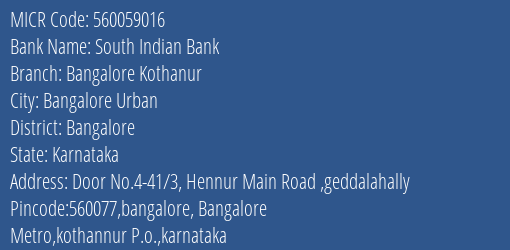 South Indian Bank Bangalore Kothanur MICR Code