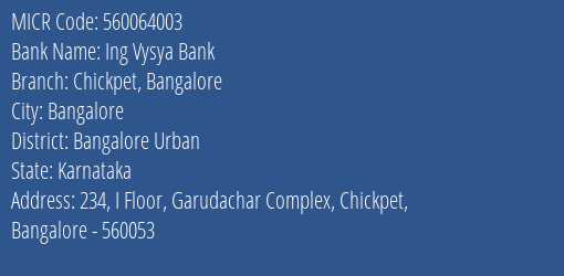 Ing Vysya Bank Chickpet Bangalore MICR Code