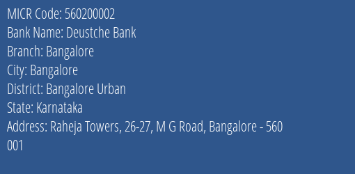 Deustche Bank Bangalore MICR Code
