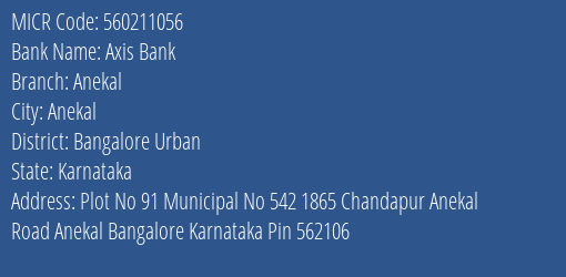 Axis Bank Anekal Branch Address Details and MICR Code 560211056