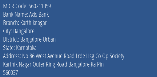 Axis Bank Karthiknagar Branch Address Details and MICR Code 560211059
