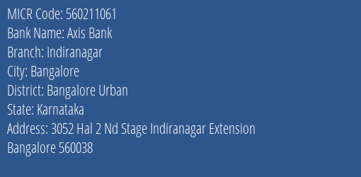 Axis Bank Indiranagar Branch Address Details and MICR Code 560211061