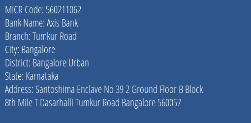 Axis Bank Tumkur Road Branch Address Details and MICR Code 560211062