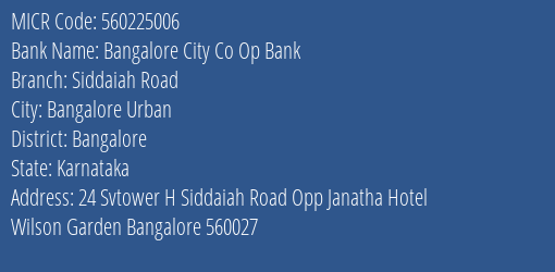 Bangalore City Co Op Bank Siddaiah Road MICR Code