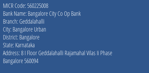 Bangalore City Co Op Bank Geddalahalli MICR Code