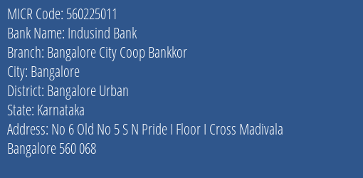 Bangalore City Co Op Bank Madivala MICR Code