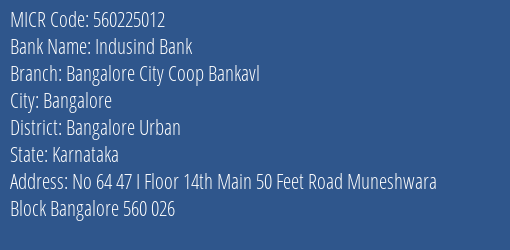 Bangalore City Co Op Bank Muneshwara MICR Code