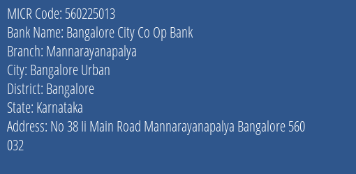 Bangalore City Co Op Bank Mannarayanapalya MICR Code