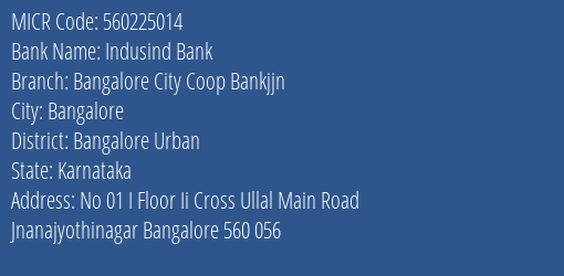 Bangalore City Co Op Bank Jnanajyothinagar MICR Code