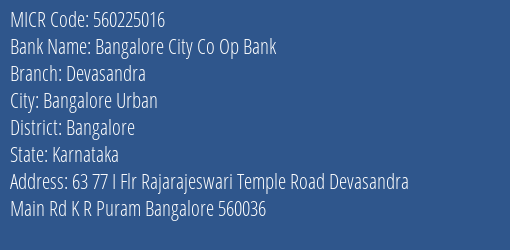 Bangalore City Co Op Bank Devasandra MICR Code