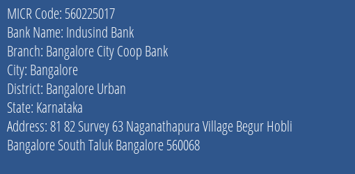 Bangalore City Co Op Bank Naganathapura MICR Code