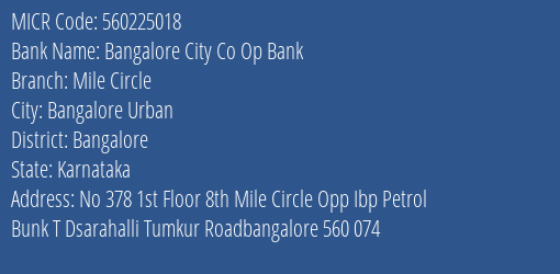 Bangalore City Co Op Bank Mile Circle MICR Code
