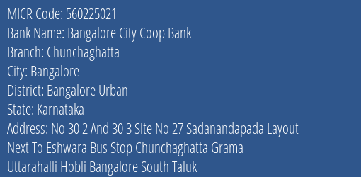 Bangalore City Coop Bank Chunchaghatta MICR Code