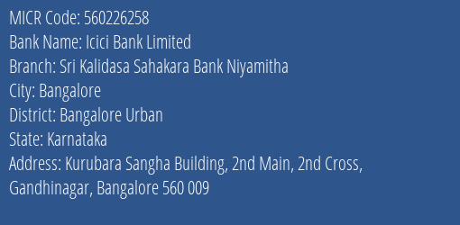 Sri Kalidasa Sahakara Bank Niyamitha Gandhi Nagar MICR Code