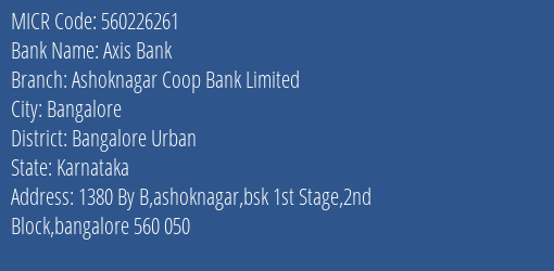 Axis Bank Ashoknagar Coop Bank Limited Branch Address Details and MICR Code 560226261
