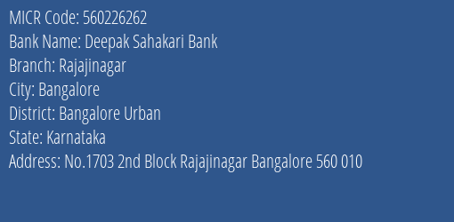 Deepak Sahakari Bank Rajajinagar MICR Code