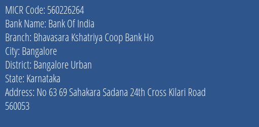 Bhavasara Kshatriya Coop Bank Ho 24th Cross Kilari Road MICR Code