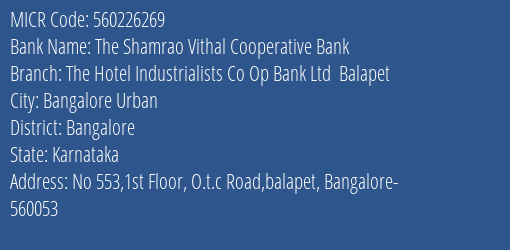 The Hotel Industrialists Co Op Bank Ltd Balapet MICR Code