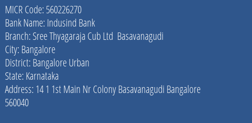 Indusind Bank Sree Thyagaraja Cub Ltd Basavanagudi Branch Address Details and MICR Code 560226270