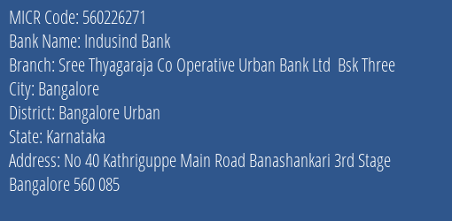 Indusind Bank Sree Thyagaraja Co Operative Urban Bank Ltd Bsk Three Branch Address Details and MICR Code 560226271
