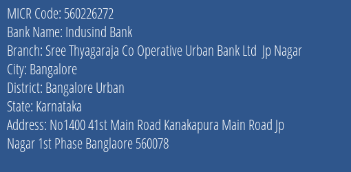 Indusind Bank Sree Thyagaraja Co Operative Urban Bank Ltd Jp Nagar Branch Address Details and MICR Code 560226272