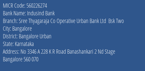 Indusind Bank Sree Thyagaraja Co Operative Urban Bank Ltd Bsk Two Branch Address Details and MICR Code 560226274