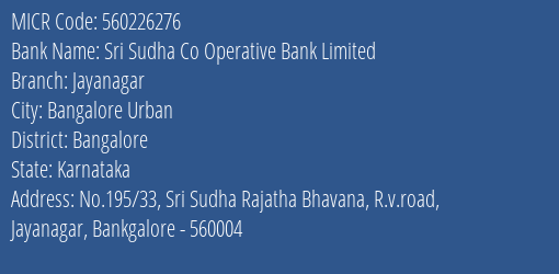 Sri Sudha Co Operative Bank Limited Jayanagar MICR Code