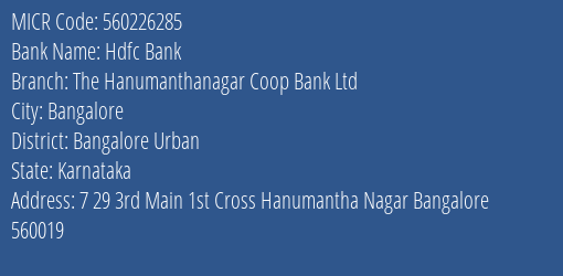 The Hanumanthanagar Coop Bank Ltd Bangalore MICR Code