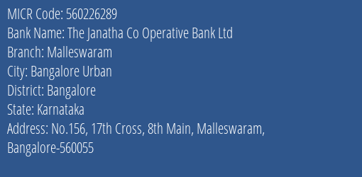 The Janatha Co Operative Bank Ltd Malleswaram MICR Code