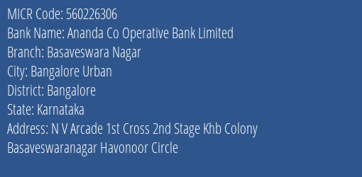 Ananda Co Operative Bank Limited Basaveswara Nagar MICR Code