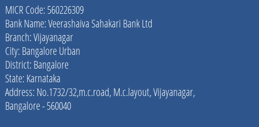 Veerashaiva Sahakari Bank Ltd Vijayanagar MICR Code