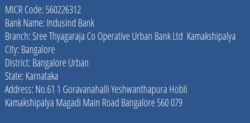 Indusind Bank Sree Thyagaraja Co Operative Urban Bank Ltd Kamakshipalya Branch Address Details and MICR Code 560226312