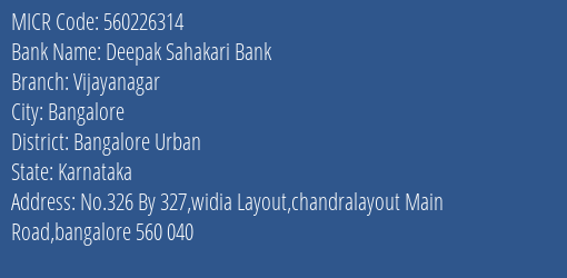 Deepak Sahakari Bank Vijayanagar MICR Code