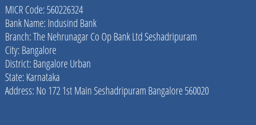 The Nehrunagar Co Op Bank Ltd Seshadripuram MICR Code
