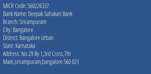 Deepak Sahakari Bank Srirampuram MICR Code