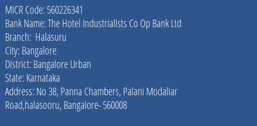 The Hotel Industrialists Co Op Bank Ltd Halasuru MICR Code