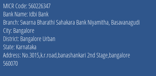 Swarna Bharathi Sahakara Bank Niyamitha Basavanagudi MICR Code