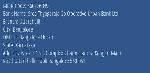 Indusind Bank Sree Thyagaraja Co Operative Urban Bank Ltd Uttarahalli Branch Address Details and MICR Code 560226349