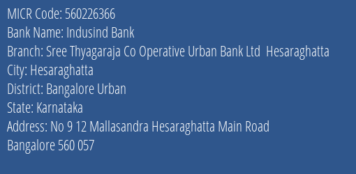 Indusind Bank Sree Thyagaraja Co Operative Urban Bank Ltd Hesaraghatta Branch Address Details and MICR Code 560226366