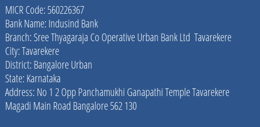 Indusind Bank Sree Thyagaraja Co Operative Urban Bank Ltd Tavarekere Branch Address Details and MICR Code 560226367