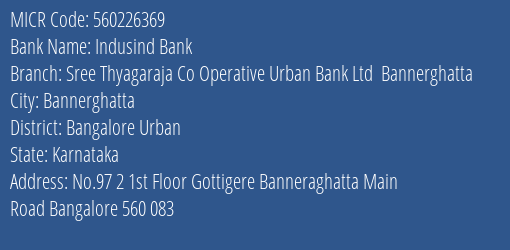 Indusind Bank Sree Thyagaraja Co Operative Urban Bank Ltd Bannerghatta Branch Address Details and MICR Code 560226369