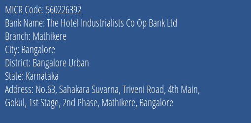 The Hotel Industrialists Co Op Bank Ltd Mathikere MICR Code