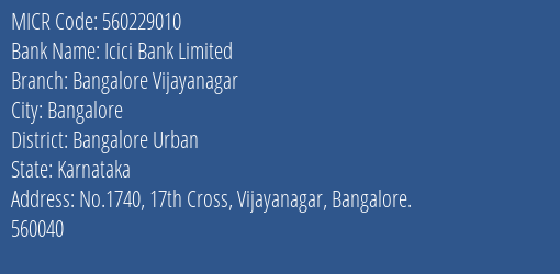 Icici Bank Limited Bangalore Vijayanagar MICR Code