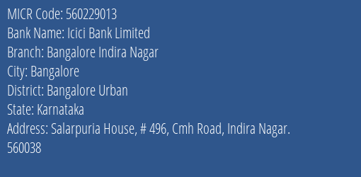 Icici Bank Limited Bangalore Indira Nagar MICR Code