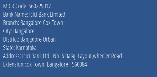 Icici Bank Limited Bangalore Cox Town MICR Code