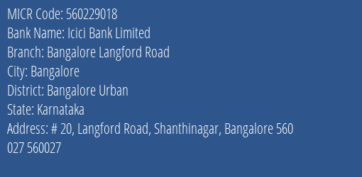 Icici Bank Limited Bangalore Langford Road MICR Code
