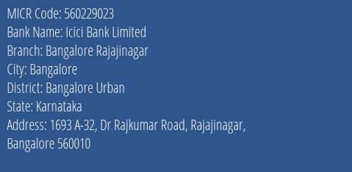 Icici Bank Limited Bangalore Rajajinagar MICR Code