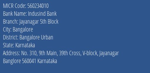 Indusind Bank Jayanagar 5th Block MICR Code